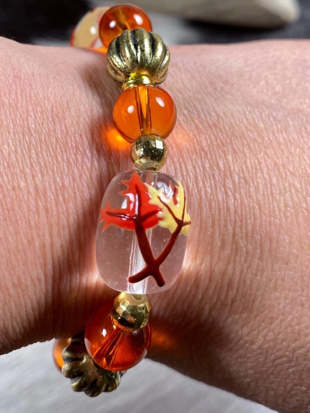 Halloween Handmade 
Orange Glass Bead Stretch Bracelet with Leaf Accent